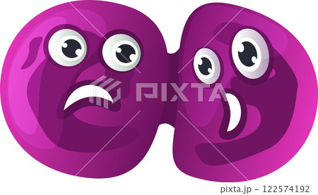 Funny purple cartoon character with two faces showing opposite emotions, one sad and one happy, representing bipolar disorder and psychological issues 122574192