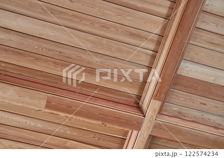 Wooden roof lumber beam structure from inside 122574234