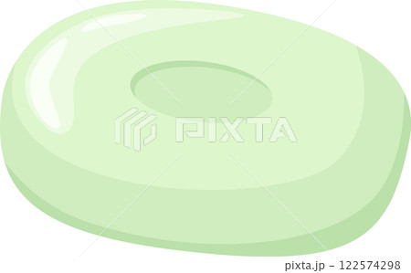 Oval shaped light green soap bar with a central hole, lying on a white background, evokes freshness, hygiene, and cleanliness, perfect for promoting personal care products Oval shaped light green soap bar with a central hole, lying on a white background, evokes freshness, hygiene, and cleanliness, perfect for promoting personal care products 122574298