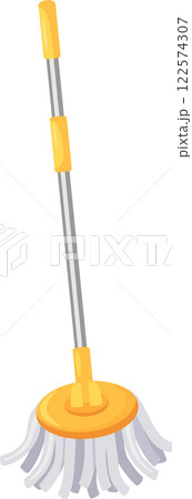 Mop with an adjustable handle standing on a white background, ready for cleaning tasks, ideal for maintaining hygiene and tackling household chores in any home or apartment 122574307