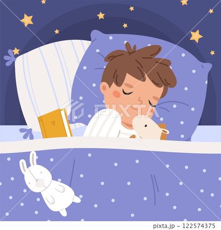 Boy sweet dreams. Baby nap time, child sleep with book and plush toys. Good night time rest in cozy bed. Toddler sleeping well, vector scene Boy sweet dreams. Baby nap time, child sleep with book and plush toys. Good night time rest in cozy bed. Toddler sleeping well, vector scene 122574375