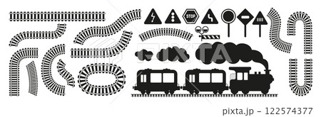 Black railway tracks and train. Isolated trains paths, flat transportation and road elements. Railroads curved straight, traffic signs. Transport vector silhouettes set Black railway tracks and train. Isolated trains paths, flat transportation and road elements. Railroads curved straight, traffic signs. Transport vector silhouettes set 122574377