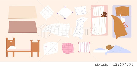 Bedroom cartoon elements. Pillows, mattress, bed and blanket. Sleep place with plush toys, teddy bear and goose. Children adult sleeping equipment, vector set 122574379