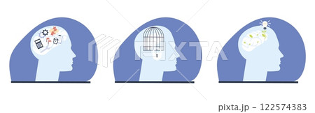 Abstract mindful concept. Human brain overthinking, thinks about many things at once, in cage and generate new ideas. Multitasking mind, vector concept Abstract mindful concept. Human brain overthinking, thinks about many things at once, in cage and generate new ideas. Multitasking mind, vector concept 122574383