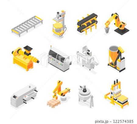 Isometric industry robots. Robotics manipulators machines, heavy technologies for factories, manufactures. Industrial technic flawless vector set Isometric industry robots. Robotics manipulators machines, heavy technologies for factories, manufactures. Industrial technic flawless vector set 122574385