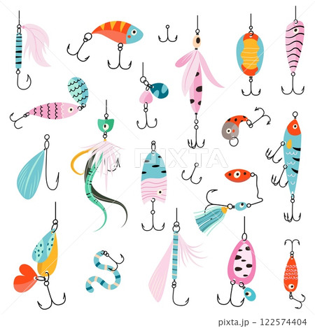 Fishing bait set. Different lures for fishing process. Isolated equipment for seasonal hobby, catching fish in pond or river tools, tackles nowaday vector set 122574404