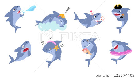 Cute shark. Cartoon sharks various emotions and activities. Isolated ocean predators sleep, play, eating, listen music. Sea animals nowaday vector set Cute shark. Cartoon sharks various emotions and activities. Isolated ocean predators sleep, play, eating, listen music. Sea animals nowaday vector set 122574405