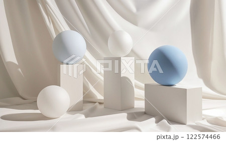 Still life for a drawing lesson using minimalist geometric plaster forms, pencils and draperies, monochrome light colors, copy space. 122574466
