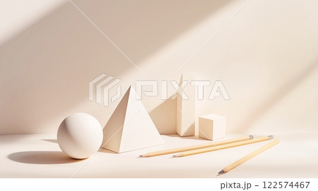 Still life for a drawing lesson using minimalist geometric plaster forms, pencils and draperies, monochrome light colors, copy space. 122574467
