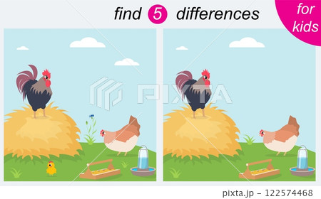 Logic puzzle game for kids. You need to find 5 differences. Farm. A rooster and a hen are standing on a green lawn. 122574468