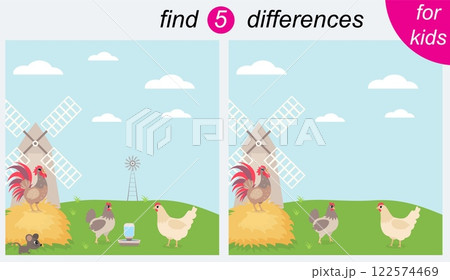 Logic puzzle game for kids. You need to find 5 differences. Farm. Rooster, hens and a mill. 122574469