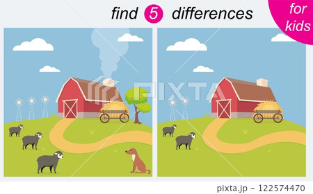 Logic puzzle game for kids. You need to find 5 differences. Farm. Sheep and dog. 122574470