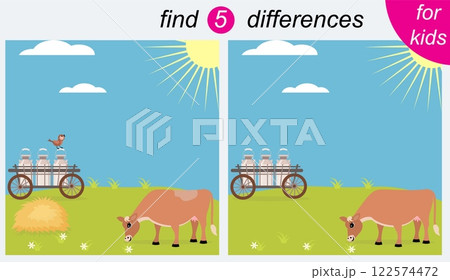 Logic puzzle game for kids. You need to find 5 differences. Farm. The cow is grazing in the meadow. 122574472