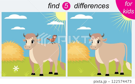 Logic puzzle game for kids. You need to find 5 differences. Farm. Cow and hay. 122574473
