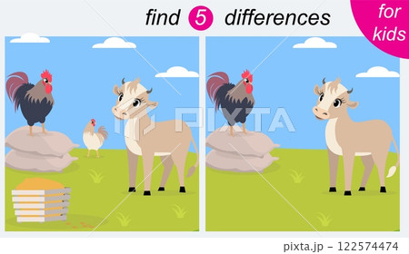 Logic puzzle game for kids. You need to find 5 differences. Farm. Calf and rooster. 122574474