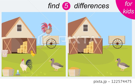 Logic puzzle game for kids. You need to find 5 differences. Farm. Rooster, hen and duck. 122574475