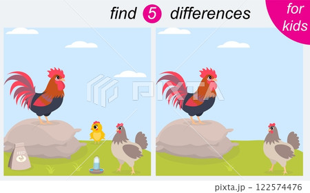 Logic puzzle game for kids. You need to find 5 differences. Farm. A rooster, a hen and a little chick. 122574476