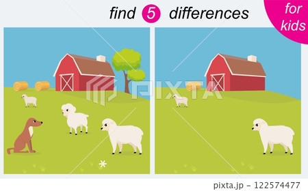 Logic puzzle game for kids. You need to find 5 differences. Farm. A dog and cute white sheep. 122574477