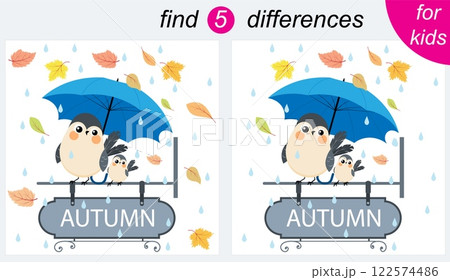 Logic puzzle game for kids. You need to find 5 differences. Autumn. A bird sits under an umbrella on a sign with the word Autumn. 122574486