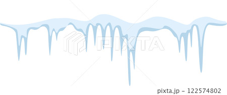 Seamless vector illustration of a row of icicles hanging from a snowy roof, creating a winter wonderland scene, perfect for holiday decorations and festive designs 122574802