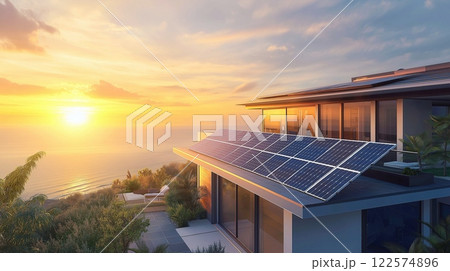 3D rendering of a modern cozy house with solar panels on the roof, against the backdrop of a beautiful landscape, for sale or rent. 122574896