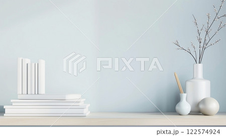A shelf with books and stationery in a study room, in pastel colors, monochrome, copy space. Back to school concept.  122574924