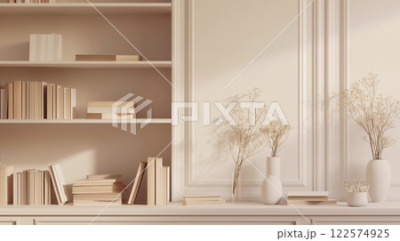A shelf with books and stationery in a study room, in pastel colors, monochrome, copy space. Back to school concept.  122574925