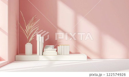 A shelf with books and stationery in a study room, in pastel colors, monochrome, copy space. Back to school concept.  122574926