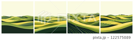 Green and yellow tone landscape of farmland square posters set. Environment abstract backgrounds. Idyllic hill modern pattern springtime tranquility wall art. Cartoon style vector illustration 122575089