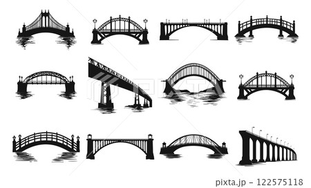 Bridge constrauction silhouette set. Front view. Engineering built structure steel architecture footpath highway road on top of the river. Black and white simple flat style. Isolated vector on white 122575118