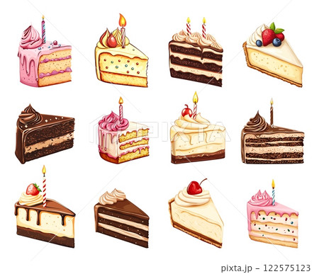 Birthday cake slice set. Cheesecake with fruits decoration chocolate cake with candle. Sweet party celebration design element. Cartoon style isolated vector clipart 122575123