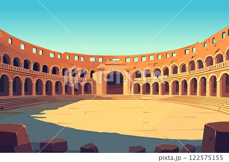 Ancient roman gladiators empty arena horizontal background. Fighting ampheteather for warriors. Old city place for slave battles hostorical brutal show. Flat cartoon style vector illustration Ancient roman gladiators empty arena horizontal background. Fighting ampheteather for warriors. Old city place for slave battles hostorical brutal show. Flat cartoon style vector illustration 122575155
