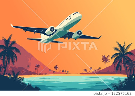 Airplane flying over the beach with palm trees and mountains. Travel poster background landscape. Sun light sea ocen. Outdoor adventur journey advertising. Vector illustration Airplane flying over the beach with palm trees and mountains. Travel poster background landscape. Sun light sea ocen. Outdoor adventur journey advertising. Vector illustration 122575162