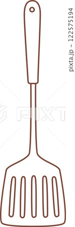 Simple brown line drawing of a slotted spatula, a common kitchen tool used for flipping food, representing cooking, baking, and culinary activities Simple brown line drawing of a slotted spatula, a common kitchen tool used for flipping food, representing cooking, baking, and culinary activities 122575194