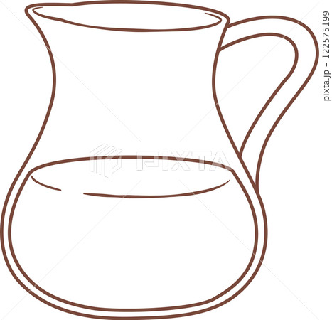 Simple line drawing of a brown ceramic pitcher containing water, featuring a handle and a wide mouth, ideal for breakfast or beverage service 122575199