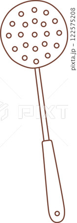 Simple brown line drawing of a skimmer, a kitchen utensil with a round perforated head and a long handle, ideal for lifting food out of liquids 122575208