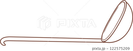 Simple vector illustration of a brown ladle lying horizontally with a hook handle facing left, isolated on a white background, representing kitchen utensil, cooking, serving, and traditional tools Simple vector illustration of a brown ladle lying horizontally with a hook handle facing left, isolated on a white background, representing kitchen utensil, cooking, serving, and traditional tools 122575209