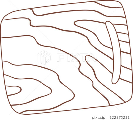 Simple line drawing of a wooden cutting board with handle, showcasing the natural wood grain pattern, ideal for kitchen and cooking related designs 122575231