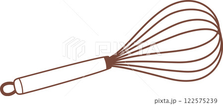 Simple brown line drawing of a kitchen whisk with thin metal wires and handle with hook, isolated on white background, representing baking and cooking tools 122575239
