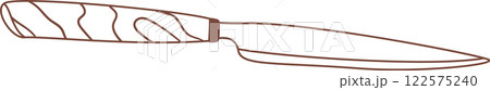 Simple brown line drawing of a wooden handled kitchen knife lying isolated on a white background, ready for use in cooking and food preparation 122575240