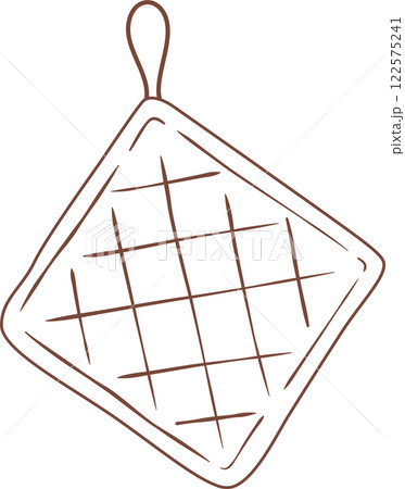 Simple brown line drawing featuring a hanging quilted pot holder with a checkered pattern, designed for protecting hands from heat, isolated against a clean white background 122575241