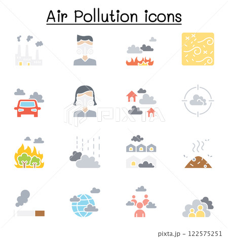Air pollution and Virus disease icon set in flat color style 122575251