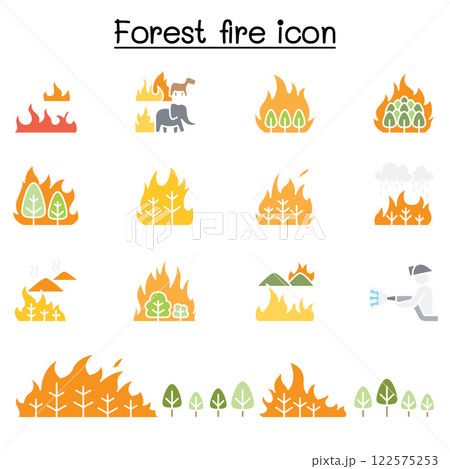forest fire, wildfire icon set in flat color style 122575253