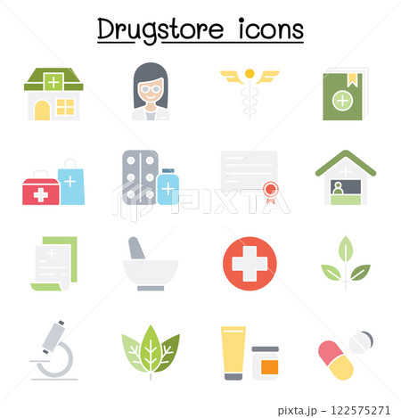Drugstore, apothecary icon set in flat color style 122575271