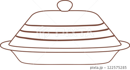 Butter dish with striped lid preserving food freshness, simple brown line drawing on white background, perfect for restaurant menus, recipe books, food blogs, and kitchen decor 122575285