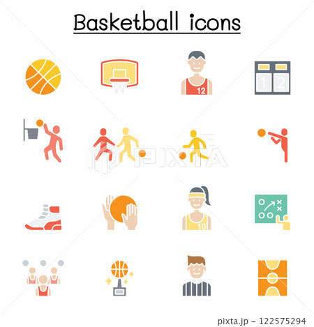 Basketball icon set in flat color style 122575294