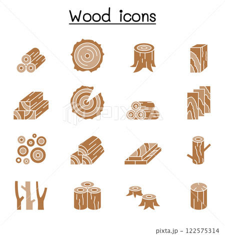 Wood icon set in flat color style 122575314