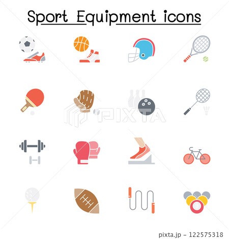 Sport equipment icon set in flat color style 122575318