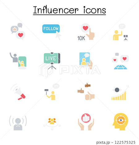 Influence people and Brand ambassador icon set in flat color style Influence people and Brand ambassador icon set in flat color style 122575325