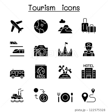 Traveling, transport and Tourism icon set in glyph style 122575328